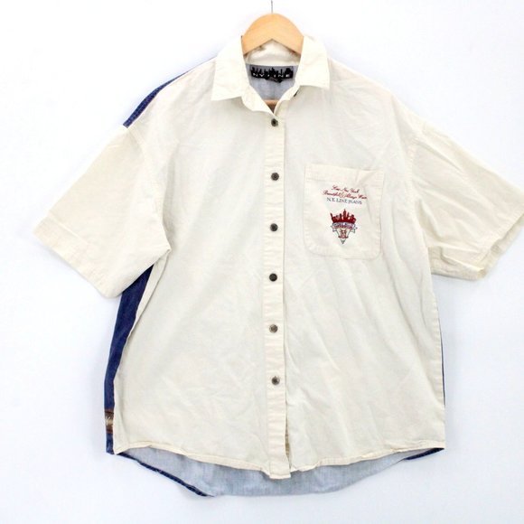 Vintage NY Line Shirt Mens Beige Short Sleeve Button Down Collared Cotton Small - Picture 2 of 9
